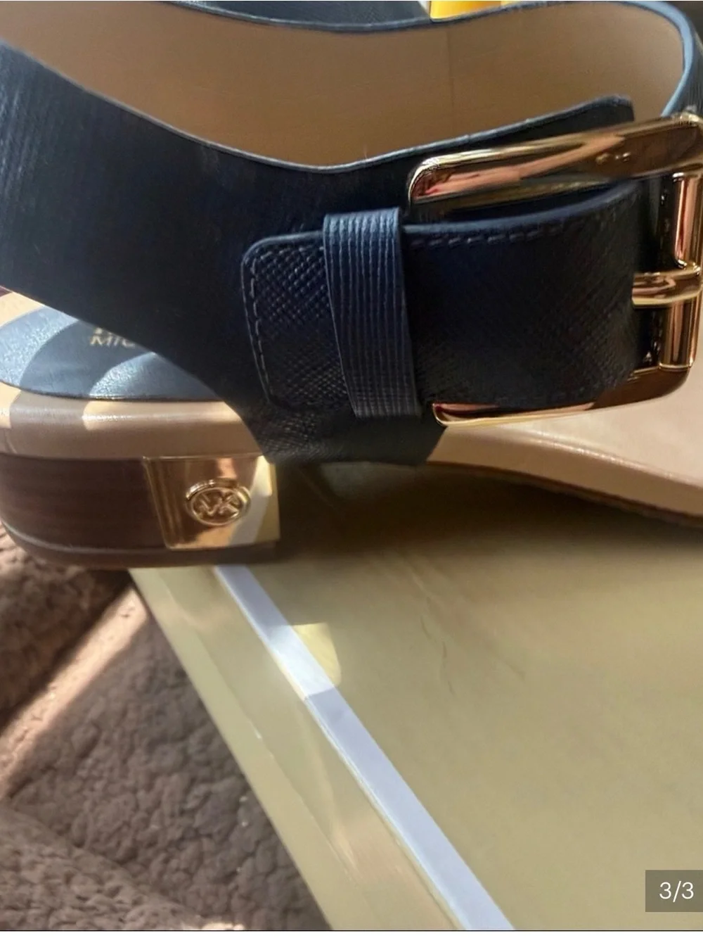 Michael Kors Admiral Blue Thong Sandals with Beige Footbed and Gold Buckle
